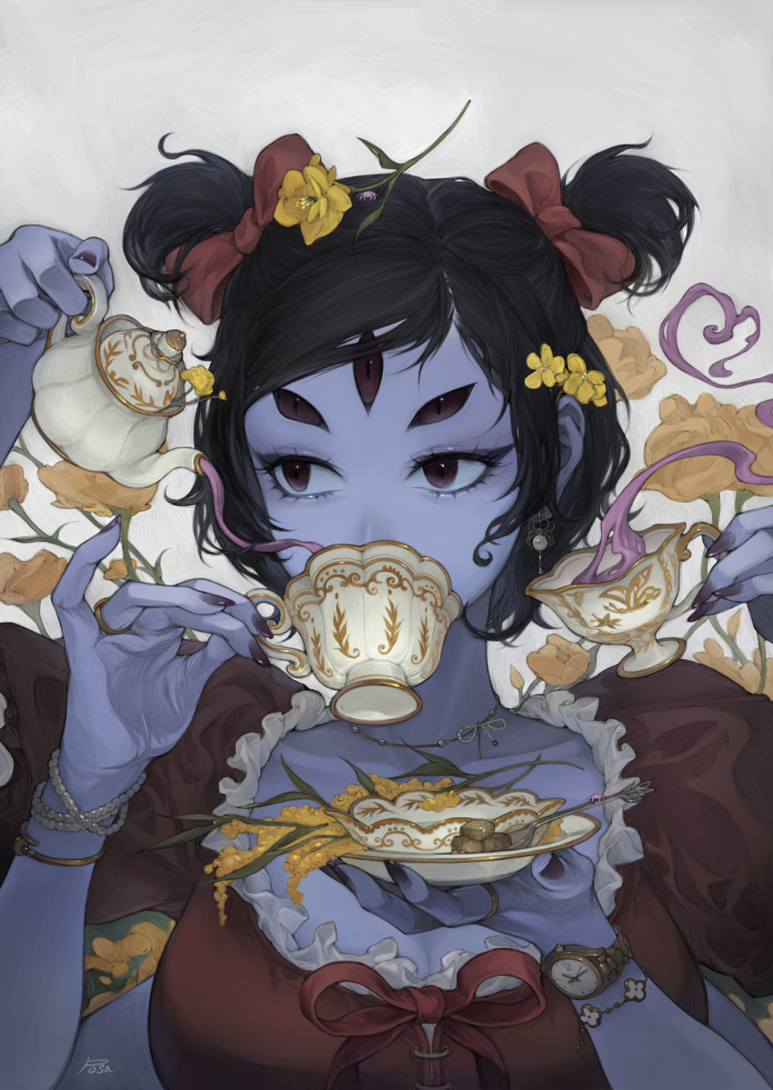1girl arthropod_girl black_hair black_nails blue_skin colored_skin cup dress earrings extra_arms extra_eyes flower highres jewelry muffet plate portrait red_dress ring sauna_posa short_hair short_twintails solo spider_girl teacup teapot twintails undertale watch wristwatch yellow_flower