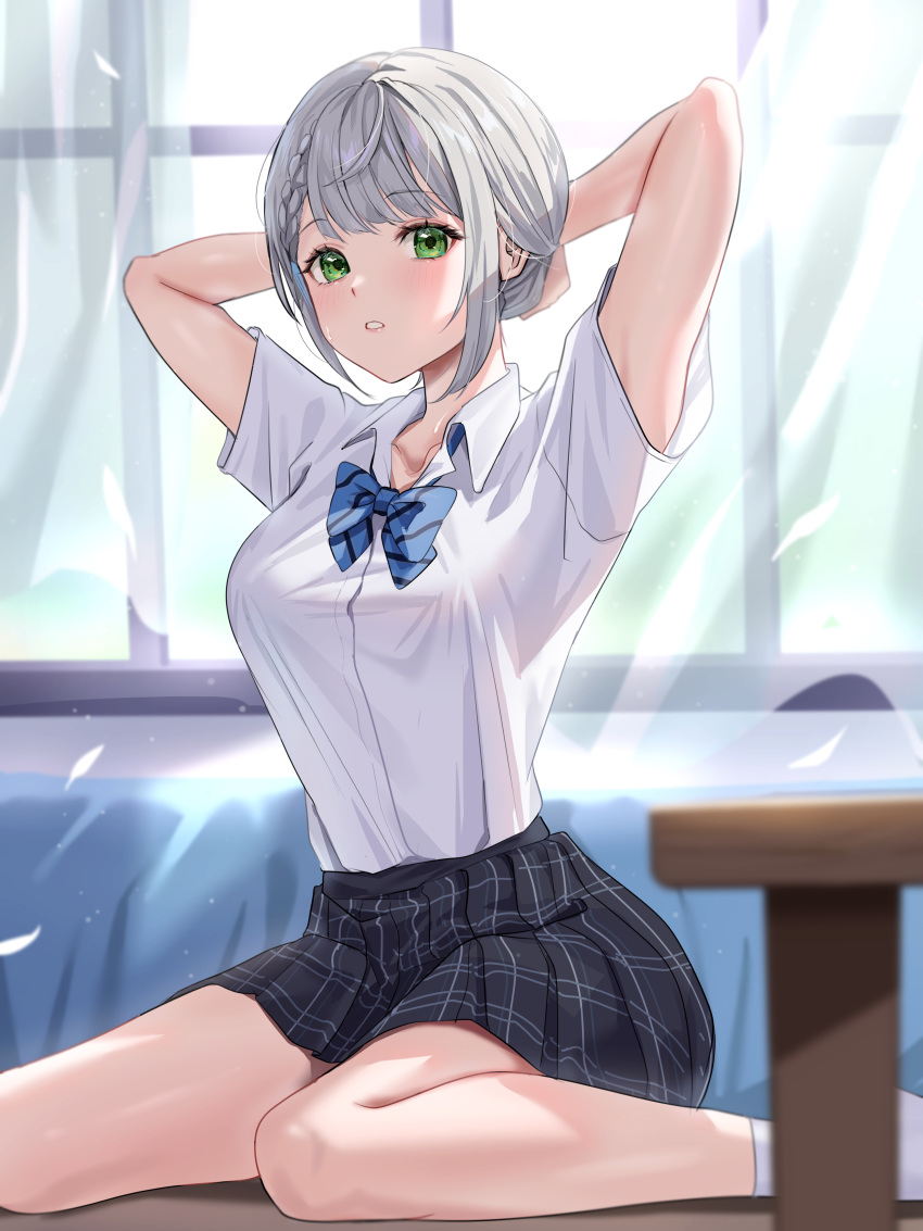 1girl absurdres arms_behind_head bedroom black_skirt blue_bow blue_bowtie bow bowtie braid breasts collared_shirt commentary_request curtains diagonal-striped_bow diagonal-striped_bowtie diagonal_stripes green_eyes grey_hair highres hololive indoors large_breasts looking_at_viewer miniskirt monokawa_(iurl1z) official_alternate_costume on_floor parted_lips plaid plaid_skirt pleated_skirt school_uniform shirogane_noel shirogane_noel_(school_uniform) shirt shirt_tucked_in short_hair short_sleeves single_braid sitting skirt socks solo striped tying_hair virtual_youtuber wariza white_shirt white_socks window