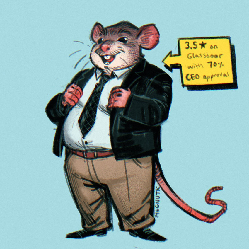 1boy animal_ears artist_name belt black_eyes black_jacket black_necktie blue_background brown_belt collared_shirt commentary english_commentary fat fat_man full_body highres jacket long_sleeves male_focus megan_(megnutk) mouse_boy mouse_ears mouse_tail necktie obese open_clothes open_jacket open_mouth original pants shirt simple_background solo standing tail teeth whiskers white_shirt