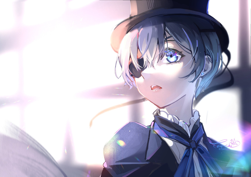 1boy absurdres artist_name bishounen black_ribbon blue_eyes blue_hair blue_jacket blue_ribbon ciel_phantomhive earrings eyepatch eyewear_strap formal hat hat_ribbon highres jacket jewelry kodona kuroshitsuji lens_flare light_particles lolita_fashion open_mouth ribbon shirt signature solo top_hat toritoki_(1301237579) victorian white_shirt window