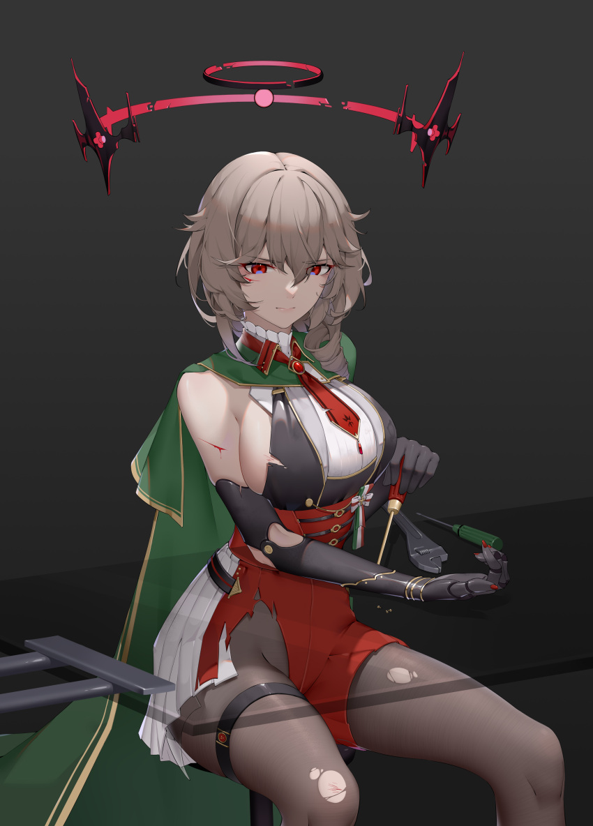 1girl absurdres azur_lane bangs black_background black_gloves black_pantyhose blonde_hair blood blood_on_arm blood_on_face breasts cape chinese_commentary closed_mouth cuts dress drill_locks duca_degli_abruzzi_(azur_lane) elbow_gloves feet_out_of_frame gloves green_cape halo highres holding holding_screwdriver injury italian_flag large_breasts lips looking_down medium_hair necktie pantyhose prosthesis prosthetic_arm red_eyes red_halo red_necktie red_skirt screwdriver sideboob sitting skirt solo torn_clothes torn_pantyhose torn_skirt wrench wsfw