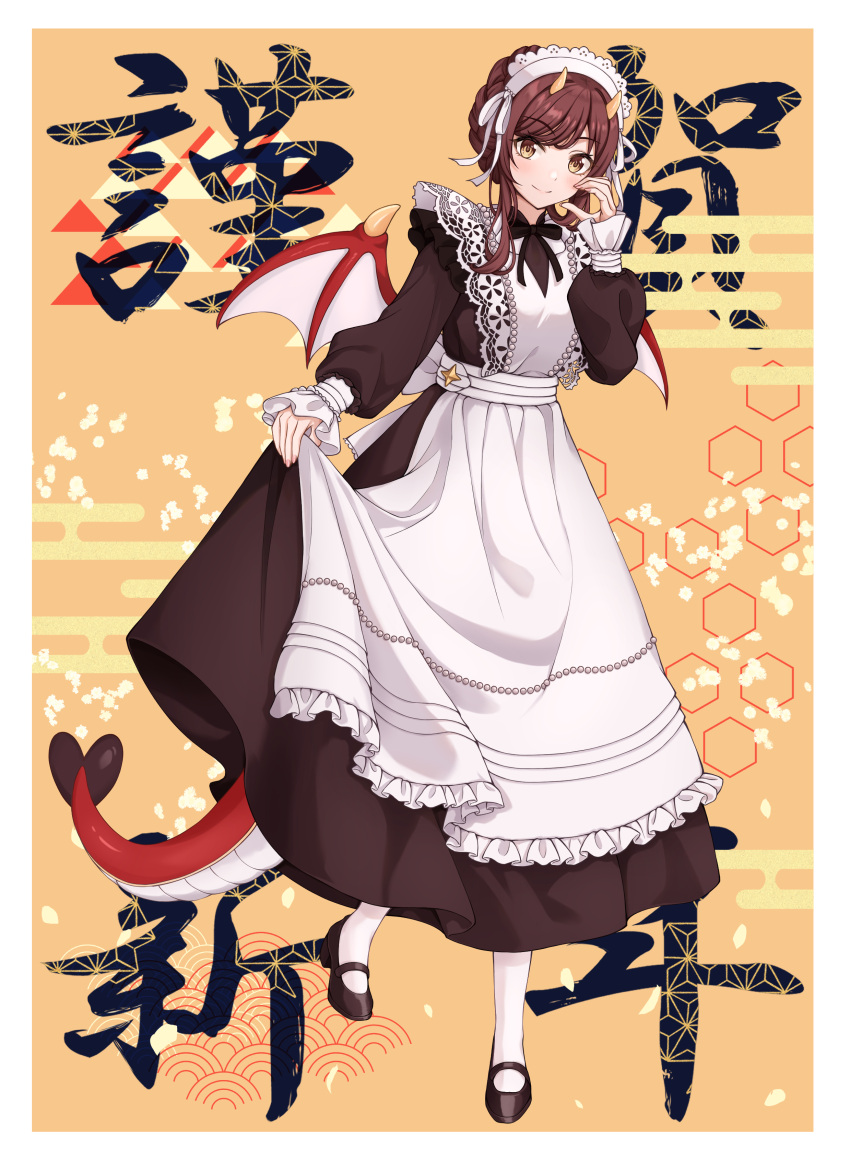 1girl 2024 absurdres alternate_costume apron black_dress black_footwear blush braid braided_bun chinese_zodiac closed_mouth dragon_girl dragon_horns dragon_tail dragon_wings dress enmaided french_braid frilled_apron frills full_body hair_bun hand_on_own_cheek hand_on_own_face highres horns idolmaster idolmaster_shiny_colors long_hair long_sleeves looking_at_viewer maid maid_apron maid_headdress mary_janes new_year official_alternate_costume official_alternate_hairstyle osaki_amana pantyhose puffy_sleeves red_hair shoes single_hair_bun skirt_hold sleeves_past_wrists smile solo sorugi_park standing swept_bangs tail white_apron white_pantyhose wings year_of_the_dragon yellow_eyes