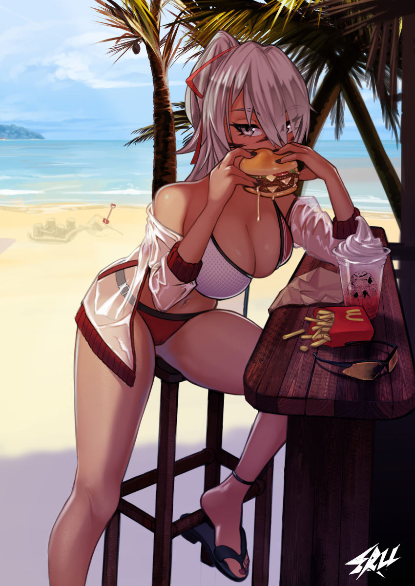1girl absurdres bangs beach bikini blush breasts burger cleavage day eru-sennin eyes_visible_through_hair eyewear_removed facial_mark food french_fries grey_eyes grey_hair highres jacket large_breasts long_hair looking_at_viewer mcdonald's open_clothes open_jacket original outdoors palm_tree ponytail sandals see-through see-through_jacket solo swimsuit tree water wooden_stool