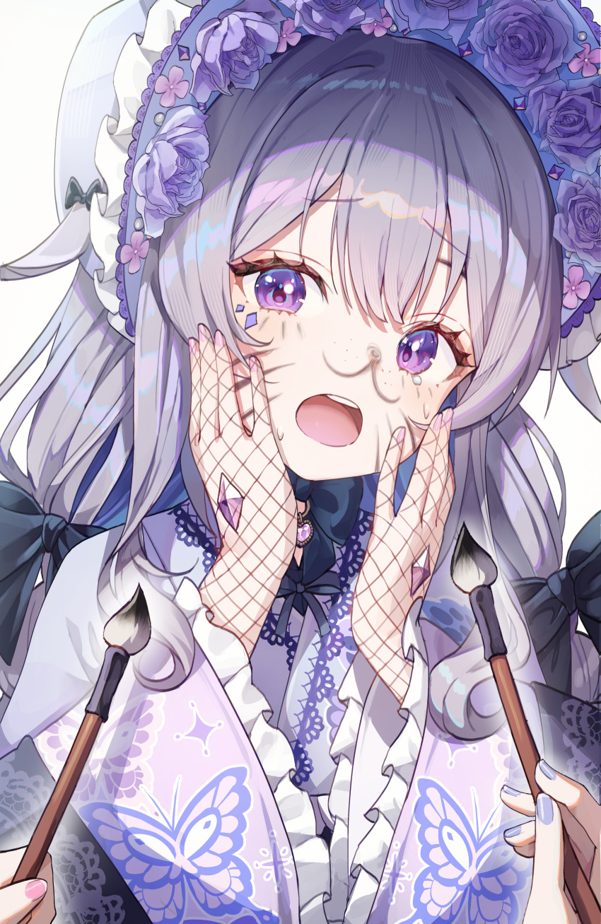 1girl 2others absurdres hands_on_own_cheeks hands_on_own_face hat highres holding holding_calligraphy_brush hololive hololive_english japanese_clothes kimono koseki_bijou koseki_bijou_(new_year) long_hair long_sleeves looking_at_viewer misyune multiple_others official_alternate_costume open_mouth paintbrush purple_eyes purple_hair purple_kimono simple_background standing teeth tongue upper_teeth_only virtual_youtuber white_background