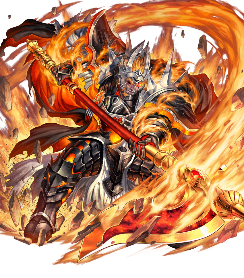 1boy armor attack beard black_cape cape colored_sclera dark-skinned_male dark_skin facial_hair fire fire_emblem fire_emblem_heroes highres holding holding_scythe non-web_source official_alternate_costume official_art open_mouth orange_hair pelvic_curtain red_cape red_eyes scar scar_across_eye scythe shoulder_spikes solo spikes surtr_(fire_emblem) surtr_(resplindent)_(fire_emblem)