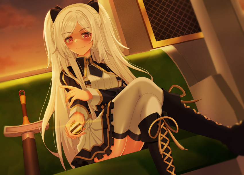 1girl alexia_midgar black_bow black_footwear black_jacket boots bow breasts closed_mouth cloud cloudy_sky commentary_request cross-laced_footwear crossed_legs frilled_skirt frills hair_bow highres holding iseshi jacket kage_no_jitsuryokusha_ni_naritakute! knee_boots lace-up_boots long_hair long_sleeves looking_at_viewer medium_breasts open_clothes open_jacket parted_bangs pleated_skirt red_eyes shirt sitting skirt sky smile solo sunset sword thighhighs thighhighs_under_boots train_interior two_side_up very_long_hair weapon white_hair white_shirt white_skirt white_thighhighs