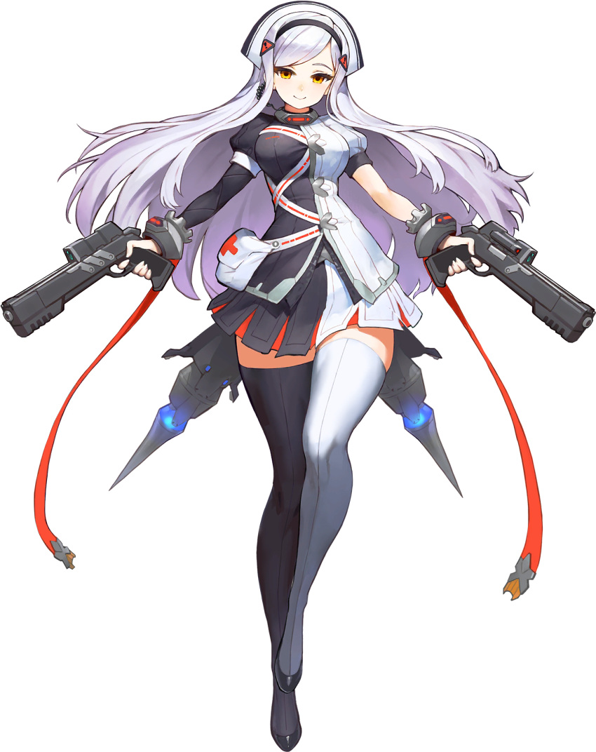 1girl asymmetrical_clothes asymmetrical_legwear bangs belt_pouch black_headband black_lilith_(last_origin) black_thighhighs blush breasts closed_mouth collar dual_wielding earpiece energy_barrier front-seamed_legwear full_body game_cg gun hair_ornament hairclip headband highres holding holding_gun holding_weapon kakiman last_origin long_hair looking_at_viewer machinery medium_breasts official_art parted_bangs pleated_skirt pouch seamed_legwear sign skirt smile solo tachi-e thighhighs transparent_background warning_sign weapon white_hair white_thighhighs wrist_cuffs yellow_eyes zettai_ryouiki
