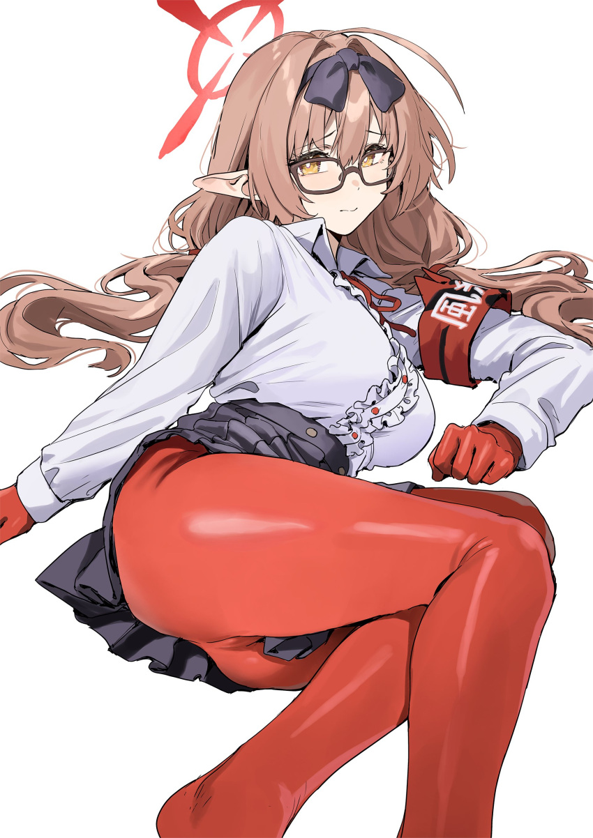 1girl absurdres aochoku armband black_skirt blue_archive blush breasts chinatsu_(blue_archive) collared_shirt dress_shirt glasses gloves hairband halo highres large_breasts light_brown_hair long_hair long_sleeves looking_at_viewer low_twintails pantyhose pleated_skirt pointy_ears red_gloves red_pantyhose shirt skirt solo thighs twintails white_shirt yellow_eyes