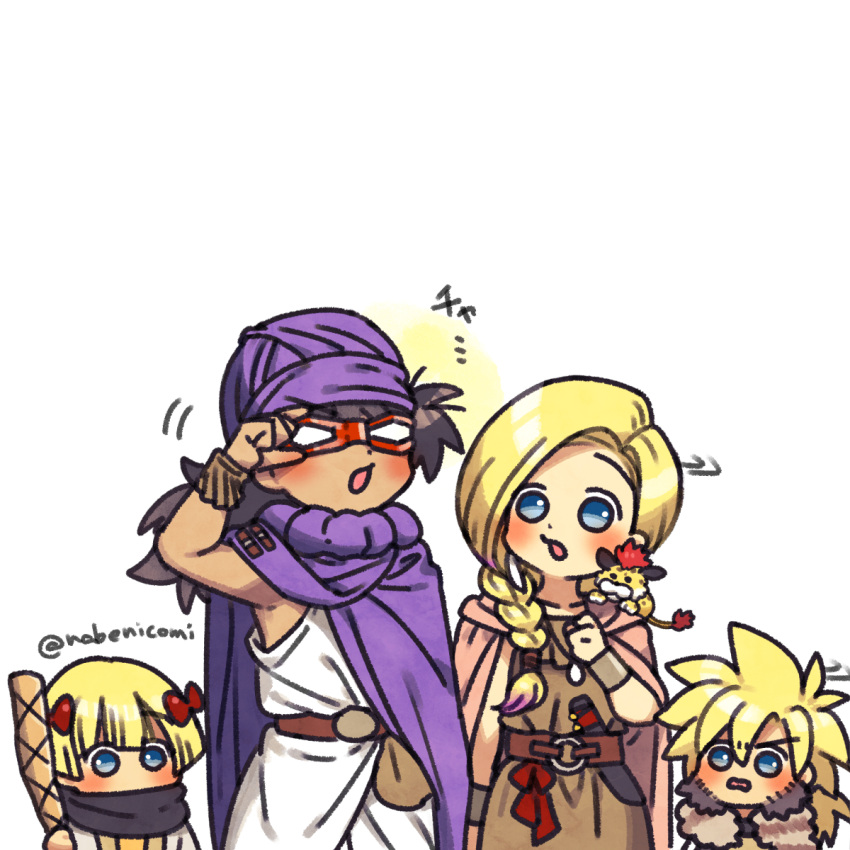 2boys 2girls adjusting_eyewear asymmetrical_sleeves belt belt_bag bianca_(dq5) black_hair blonde_hair blue_eyes blunt_bangs blush borongo bow bracelet braid brown_dress cape child cloak cosplay danjo_(yoshihiko) dark-skinned_male dark_skin dragon_quest dragon_quest_v dress facial_hair family father_and_daughter father_and_son hair_bow hand_up hero's_daughter_(dq5) hero's_son_(dq5) hero_(dq5) highres holding holding_staff husband_and_wife jewelry long_hair looking_at_another low_ponytail merebu merebu_(cosplay) mother_and_daughter mother_and_son multiple_boys multiple_girls murasaki_(yoshihiko) murasaki_(yoshihiko)_(cosplay) nabenko necklace open_mouth parody purple_cape purple_cloak purple_headwear red_bow scarf short_hair siblings single_braid spiked_hair staff standing turban twins twitter_username white_background white_tunic yoshihiko yoshihiko_(cosplay) yuusha_yoshihiko_to_maou_no_shiro