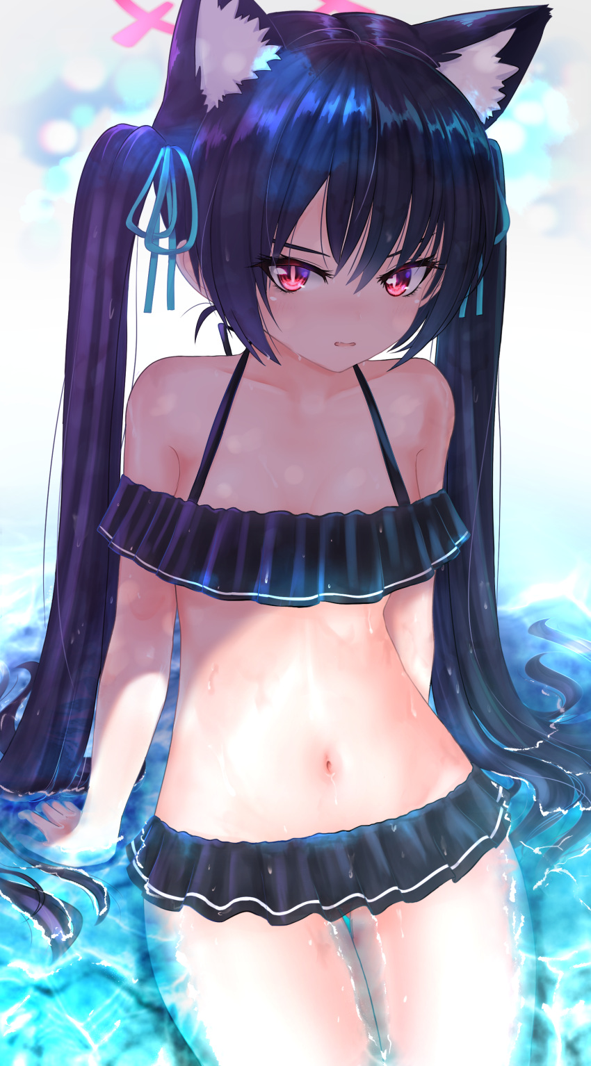 1girl absurdres animal_ear_fluff animal_ears bikini bikini_skirt black_bikini black_hair blue_archive breasts cat_ears extra_ears frilled_bikini frills halo highres long_hair looking_at_viewer midriff navel off-shoulder_bikini off_shoulder official_alternate_costume p_ion pink_halo red_eyes serika_(blue_archive) serika_(swimsuit)_(blue_archive) sitting small_breasts solo swimsuit