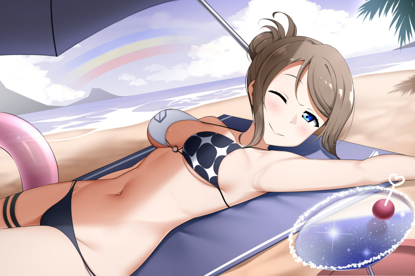 1girl absurdres beach bikini blue_eyes blush breasts from_side highres limelam06 looking_at_viewer love_live! love_live!_sunshine!! lying on_back ponytail short_hair solo swimsuit thighs watanabe_you