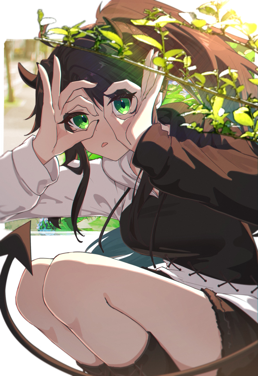 1girl absurdres black_hair black_hoodie character_request commentary commission copyright_request demon_girl demon_horns demon_tail double_ok_sign feet_out_of_frame green_eyes hand_glasses hands_up highres hood hood_down hoodie horns jl_tan long_hair long_sleeves looking_at_viewer pixiv_commission ponytail solo squatting tail tongue tongue_out two-tone_hoodie white_hoodie