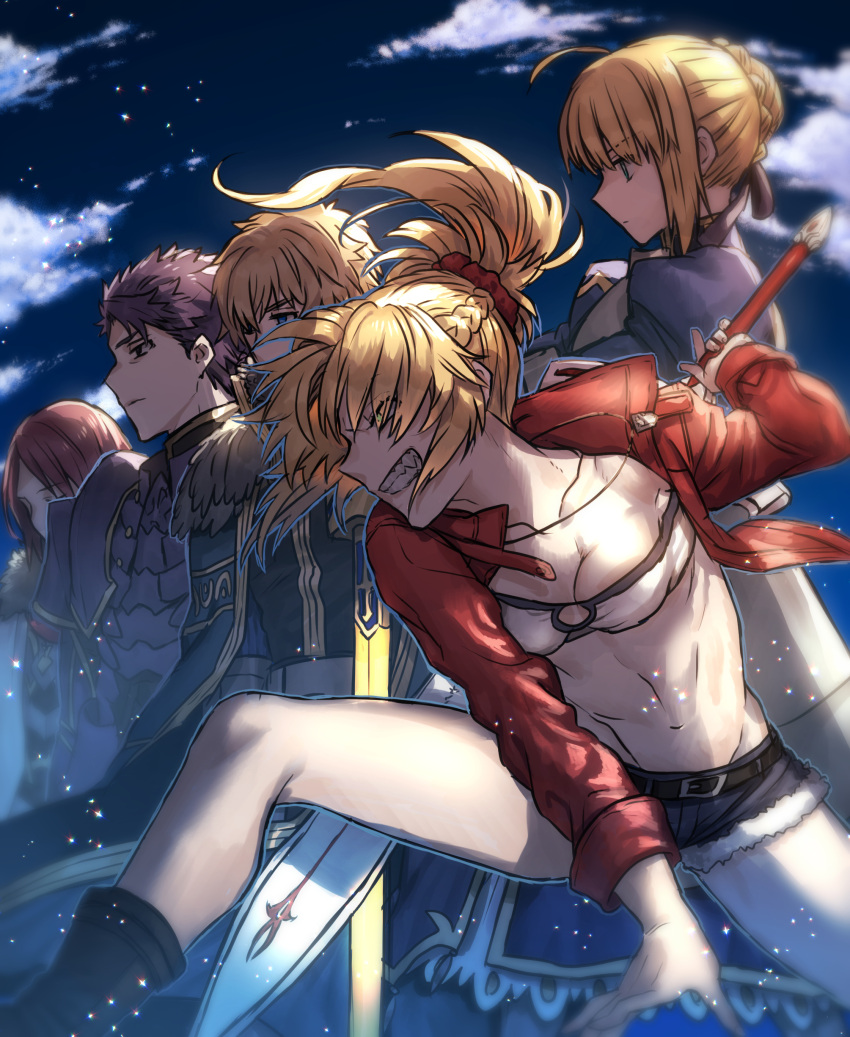 2girls 3boys absurdres ahoge armor armored_dress arthur_pendragon_(fate) artoria_pendragon_(fate) bandeau belt braid breastplate breasts cape character_request clarent_(fate) cleavage clenched_teeth closed_mouth denim denim_shorts excalibur_(fate/stay_night) fate/grand_order fate_(series) french_braid green_eyes groin hair_over_one_eye highres jacket juliet_sleeves lancelot_(fate/grand_order) long_sleeves mordred_(fate) mordred_(fate/apocrypha) multiple_boys multiple_girls navel none_(kameko227) ponytail puffy_sleeves purple_hair red_hair red_jacket red_scrunchie saber scrunchie shorts small_breasts teeth thighs