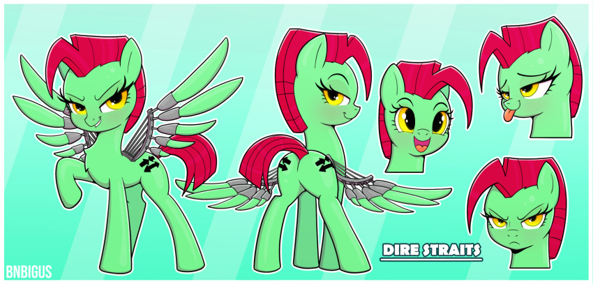 angry bnbigus butt cutie_mark digital_media_(artwork) english_text equid equine fan_character female fur green_body hair hasbro hi_res horse mammal model_sheet my_little_pony pony portrait raised_tail signature simple_background smile smug solo tail text yellow_eyes