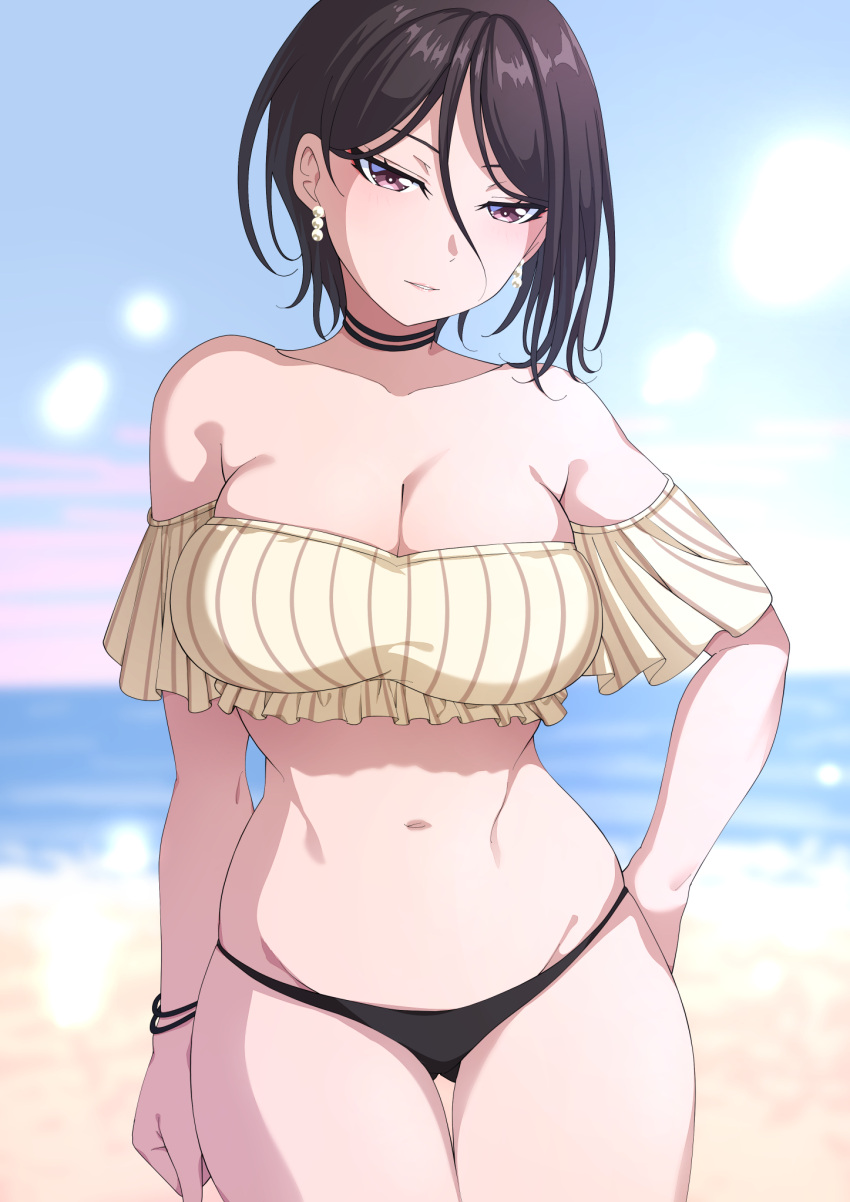 1girl arm_at_side ass_visible_through_thighs bang_dream! bare_shoulders beach bikini black_bikini black_choker black_hair blurry blurry_background breasts choker cleavage cloud collarbone commentary_request cowboy_shot day earrings frilled_bikini frills groin hair_behind_ear hair_between_eyes hand_on_own_hip head_tilt highres horizon jewelry kitayu large_breasts light_smile long_bangs looking_at_viewer mismatched_bikini navel ocean off-shoulder_bikini off_shoulder outdoors parted_lips pearl_earrings purple_eyes short_hair short_sleeves solo standing stomach striped striped_bikini swimsuit thigh_gap vertical-striped_bikini vertical_stripes wristband yashio_rui yellow_bikini