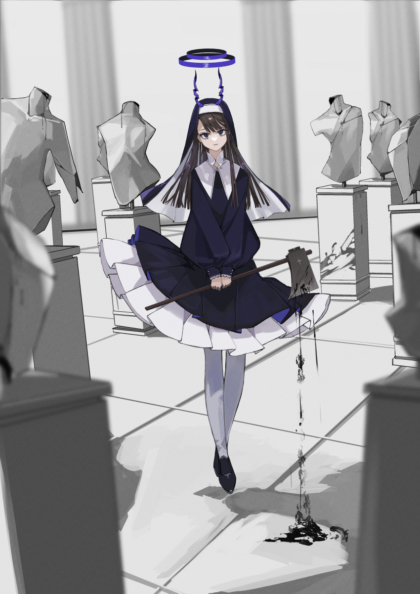 1girl absurdres axe black_footwear black_hair blue_eyes blue_horns broken_statue coif collar dress eyelashes habit headless_statue highres horns long_sleeves nun original pantyhose pillar pleated_skirt skirt statue teizen_(niwamaee) white_pantyhose