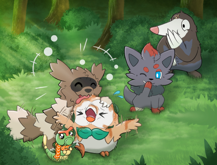 caterpie drilbur generation_1_pokemon generation_3_pokemon generation_5_pokemon generation_7_pokemon hi_res licking nintendo pokemon pokemon_(species) resachii rowlet tongue tongue_out zigzagoon zorua