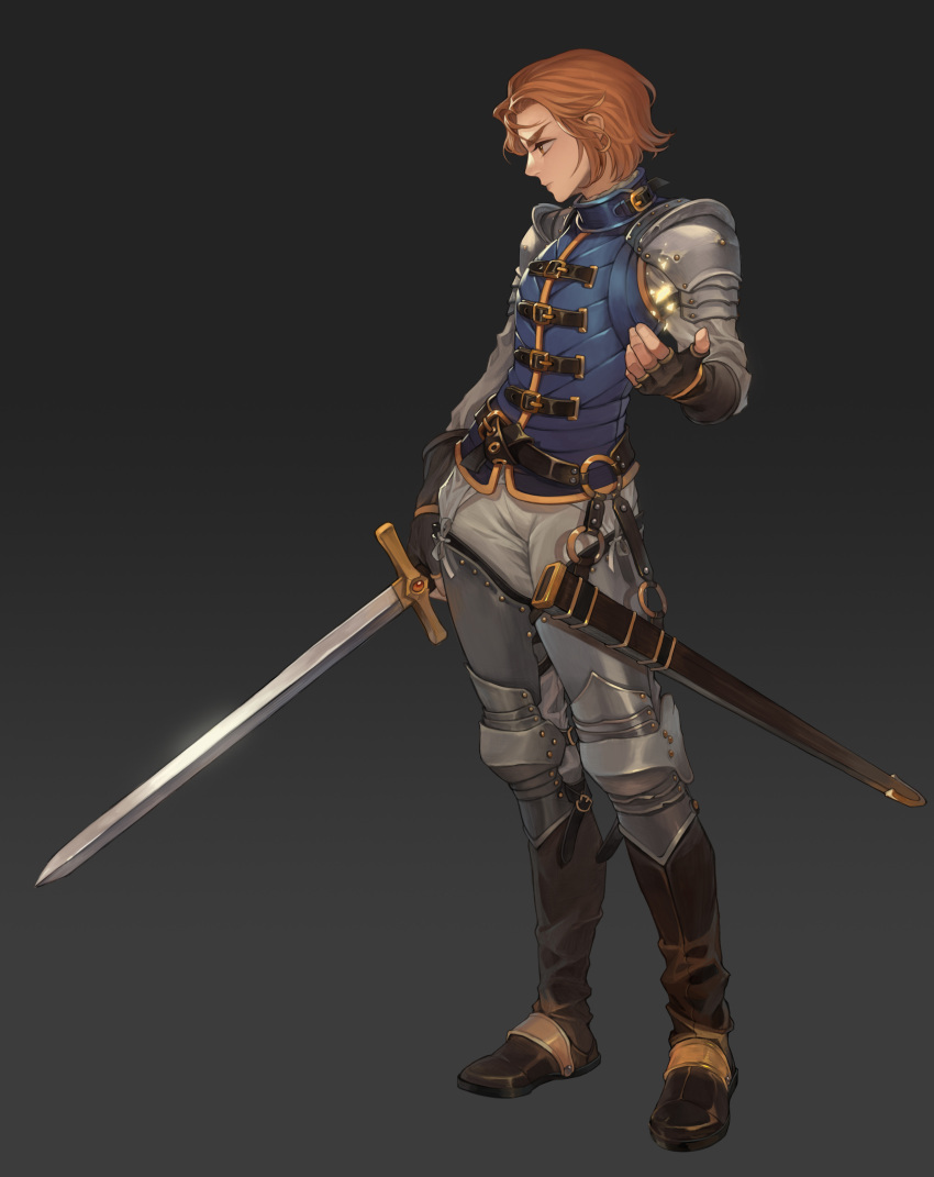 1boy absurdres armor black_footwear blonde_hair boots fingerless_gloves full_body gloves gradient_background grey_background highres holding holding_sword holding_weapon knight original pants profile sauna_posa sheath short_hair solo standing sword weapon white_pants