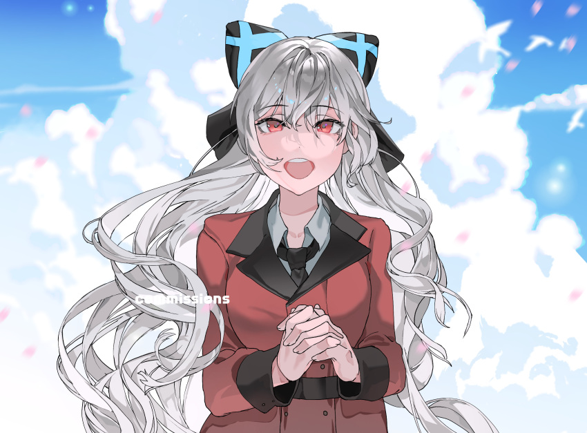 1girl bird black_bow black_necktie blue_bow bow cloud cloudy_sky coat commission girls'_frontline grey_hair griffin_&amp;_kryuger_military_uniform hair_bow highres interlocked_fingers long_hair looking_at_viewer necktie open_mouth own_hands_clasped own_hands_together red_coat red_eyes simple_bird sky solo teeth tokarev_(girls'_frontline) two-tone_bow upper_body upper_teeth_only yongsadragon