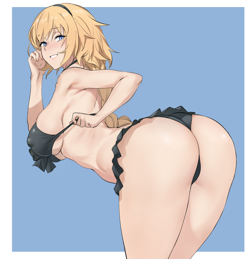 1girl absurdres ass bare_shoulders bent_over bikini black_bikini black_hairband blonde_hair blue_eyes braid braided_ponytail breasts covered_nipples das_(dan_dan) fate/grand_order fate_(series) grin hairband highres jeanne_d'arc_(fate) jeanne_d'arc_(swimsuit_archer)_(fate) jeanne_d'arc_(swimsuit_archer)_(first_ascension)_(fate) large_breasts long_hair look_back looking_at_viewer looking_back presenting_ass smile solo swimsuit thighs