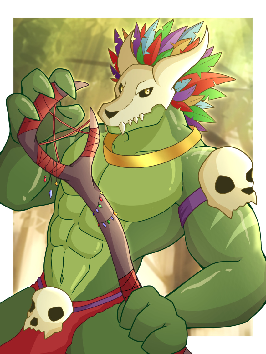 abs anthro athletic athletic_anthro athletic_male dragokaizer666 hi_res holding_object lizard male mask muscular muscular_anthro muscular_male pecs reptile scalie skull_mask solo terraria witch_doctor_(terraria)