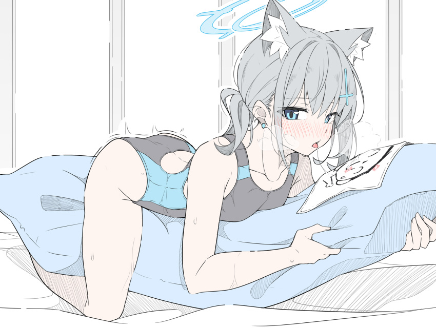 1girl animal_ear_fluff animal_ears ass bare_arms bare_legs bare_shoulders black_one-piece_swimsuit blue_archive blue_eyes blue_halo blush competition_swimsuit cross_hair_ornament doodle_sensei_(blue_archive) extra_ears grey_hair hair_between_eyes hair_ornament halo looking_at_viewer masabodo medium_hair mismatched_pupils one-piece_swimsuit open_mouth sensei_(blue_archive) shiroko_(blue_archive) shiroko_(swimsuit)_(blue_archive) solo swimsuit tongue tongue_out wolf_ears