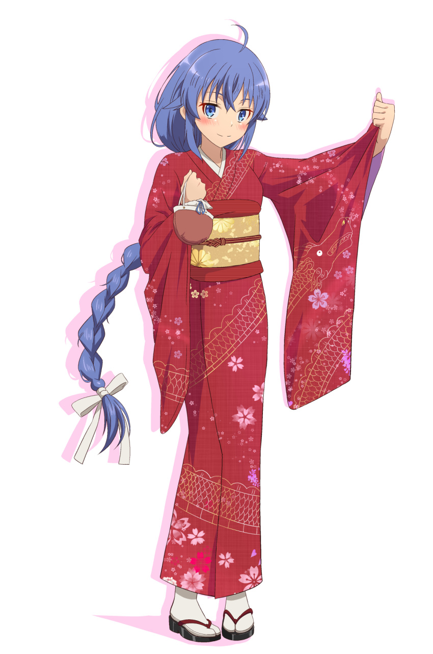 1girl blue_eyes blue_hair blush braid braided_ponytail eyebrows_hidden_by_hair floral_print_kimono full_body hair_between_eyes hair_ribbon highres honba_misaki japanese_clothes kimono long_hair looking_at_viewer mushoku_tensei obi obijime okobo red_kimono ribbon roxy_migurdia sandals sash simple_background smile socks solo very_long_hair white_background white_ribbon white_socks