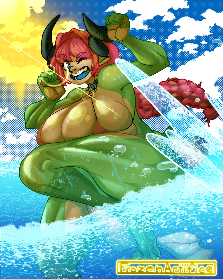 absurd_res animal_humanoid anthro beach big_breasts big_butt bikini blue_eyes blue_tongue breasts butt claws clothed clothing collar countershade_face countershade_torso countershading detailed_background digital_media_(artwork) dragon dragon_humanoid eigaka female fingers front_view frozenartifice genitals glistening glistening_body green_body green_scales hair hi_res horn huge_breasts huge_butt humanoid long_ears long_hair lying markings mostly_nude multicolored_body multicolored_scales navel nina_(eigaka) nude on_side open_mouth outside partially_submerged pink_hair pussy reptile scales scalie seaside sky slightly_chubby smile solo string_bikini swimwear tan_body tan_scales teeth thick_thighs tongue topwear two_tone_body two_tone_scales water wet wide_hips