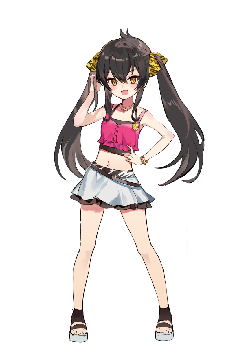 1girl absurdres animal_print armpits badge bangle bare_legs bare_shoulders belt black_belt black_camisole black_footwear black_hair black_skirt blush bracelet buttons camisole collarbone full_body hair_ribbon hand_in_own_hair hand_on_own_hip hand_up highres idolmaster idolmaster_cinderella_girls idolmaster_cinderella_girls_u149 jewelry karasu_btk long_hair looking_at_viewer matoba_risa midriff miniskirt navel open_mouth pendant pink_camisole pleated_skirt print_ribbon ribbon simple_background skirt smile solo tiger_print toes twintails v-shaped_eyebrows very_long_hair white_background white_skirt yellow_eyes yellow_ribbon