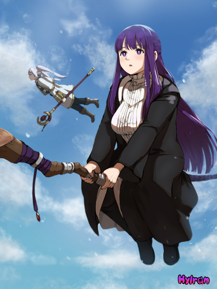 2girls absurdres breasts bright_pupils commentary elf fern_(sousou_no_frieren) flying frieren highres hylran0427 large_breasts long_hair multiple_girls pointy_ears purple_eyes purple_hair sousou_no_frieren staff_riding twintails white_pupils