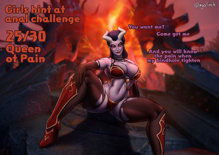 absurd_res akasha_the_queen_of_pain armwear big_breasts bottomwear breasts brown_armwear brown_clothing brown_legwear brown_thigh_highs clothing demon demon_humanoid dialogue dota female hair hi_res horn horned_humanoid humanoid legwear lipstick looking_at_viewer makeup nails navel nyalinch purple_body purple_hair red_bottomwear red_clothing red_eyes red_high_heels red_lipstick red_thong red_topwear red_underwear sharp_nails sitting smile solo spread_legs spreading talking_to_viewer text thick_thighs thigh_highs thong topwear underwear white_horn wide_hips