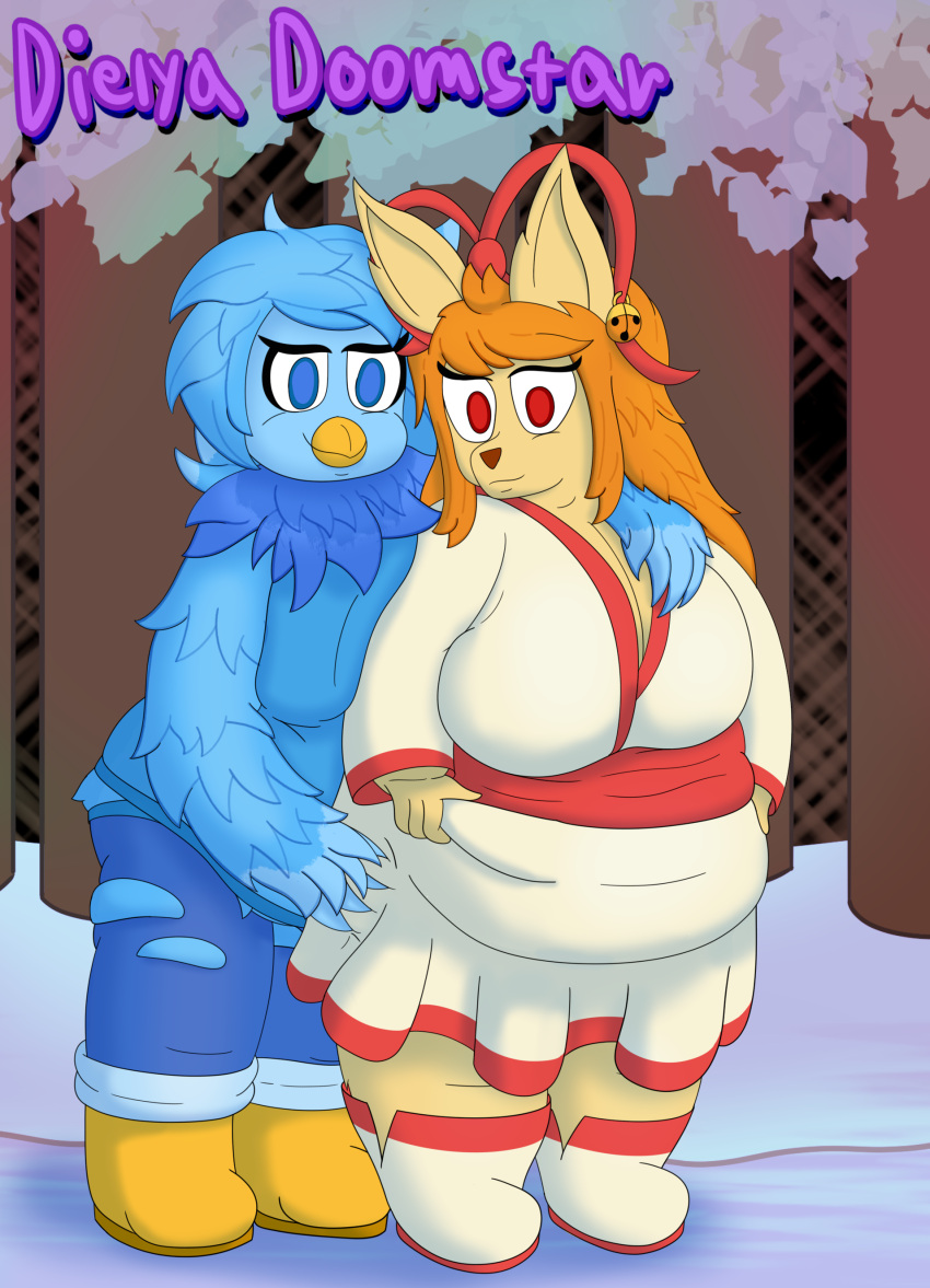 absurd_res anthro avian beak belly belly_squish canid canine ceroba_(undertale_yellow) clothing dielya_doomstar duo female forest fox grope hi_res mammal martlet_(undertale_yellow) obese overweight plant squish tearing_clothing thick_thighs torn_clothing tree undertale undertale_(series) undertale_yellow wings