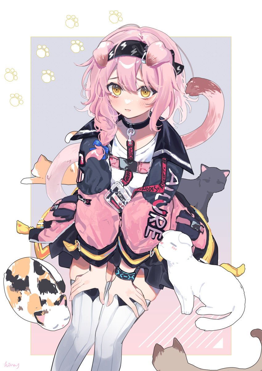 1girl absurdres animal_ears arknights black_bow black_bracelet black_cat black_collar black_hairband black_jacket blue_bow blush bow braid calico cat cat_ears cat_girl cat_tail clothes_writing collar diamond-shaped_pupils diamond_(shape) feet_out_of_frame goldenglow_(arknights) hair_between_eyes hair_bow hairband highres himey id_card infection_monitor_(arknights) invisible_chair jacket lanyard lightning_bolt_print long_hair long_sleeves looking_at_viewer multicolored_clothes multicolored_jacket multiple_cats open_clothes open_jacket orange_cat pink_hair pink_jacket print_bow print_hairband sitting solo symbol-shaped_pupils tail thighhighs two-tone_jacket white_cat white_thighhighs yellow_eyes