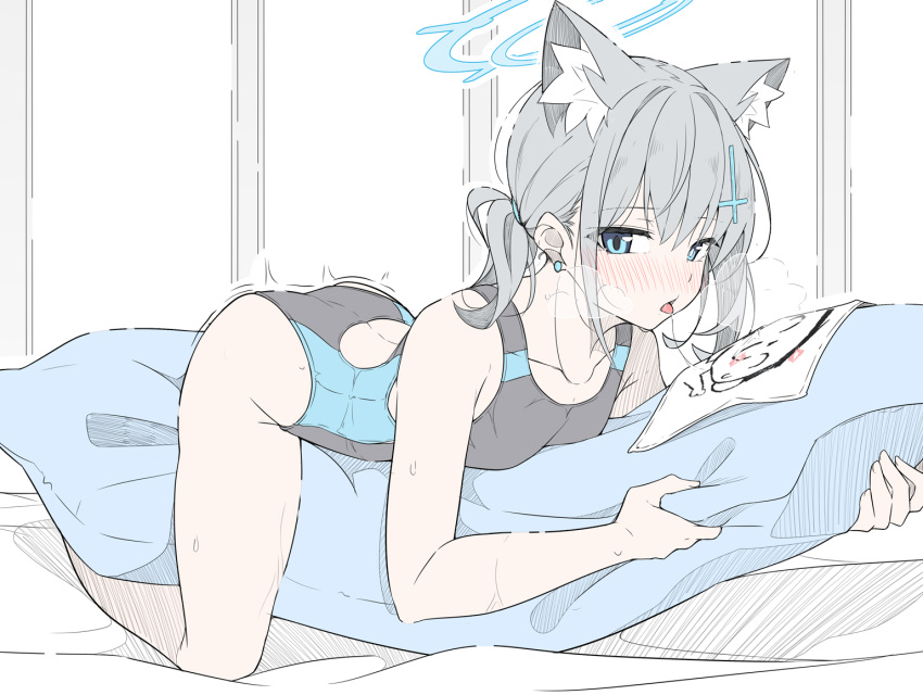 1girl animal_ear_fluff animal_ears ass bare_arms bare_legs bare_shoulders black_one-piece_swimsuit blue_archive blue_eyes blue_halo blush competition_swimsuit cross_hair_ornament doodle_sensei_(blue_archive) extra_ears grey_hair hair_between_eyes hair_ornament halo looking_at_viewer masabodo medium_hair mismatched_pupils one-piece_swimsuit open_mouth revision sensei_(blue_archive) shiroko_(blue_archive) shiroko_(swimsuit)_(blue_archive) solo swimsuit tongue tongue_out wolf_ears