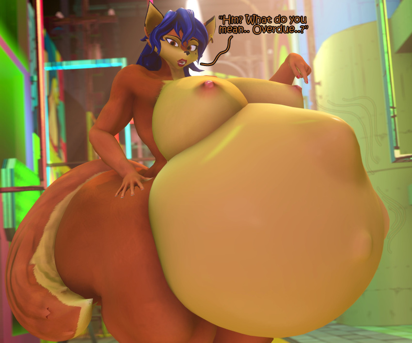 2023 3d_(artwork) 5_fingers anthro big_breasts big_butt blue_hair breasts butt canid canine carmelita_fox coriponer digital_media_(artwork) english_text female fingers fox hair hi_res huge_belly huge_breasts huge_butt lips mammal nipples nude red_lips sly_cooper_(series) solo sony_corporation sony_interactive_entertainment sucker_punch_productions teeth text thick_thighs vore
