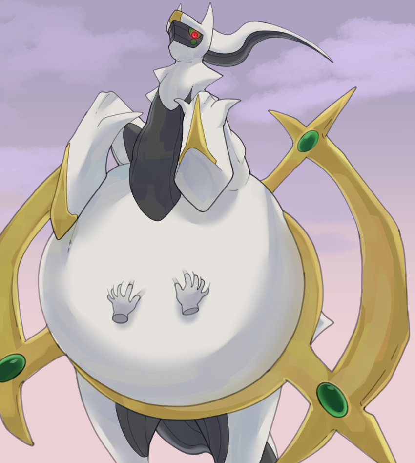 2022 absurd_res ambiguous_gender arceus belly belly_rub belly_squish big_belly cloud digital_drawing_(artwork) digital_media_(artwork) duo feral generation_4_pokemon glowing glowing_eyes green_sclera grey_body hand_on_stomach hi_res legendary_pokemon looking_at_viewer looking_down looking_down_at_viewer low-angle_view mouthless multicolored_body nintendo obese obese_ambiguous obese_feral on_two_legs overweight overweight_ambiguous overweight_feral pokemon pokemon_(species) purple_background quadruped red_eyes simple_background solo_focus squish white_body xeniyy