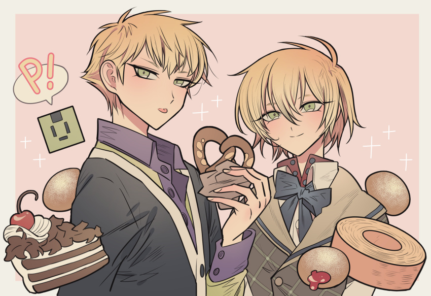 2boys black_cardigan blonde_hair brothers cake cake_slice cardigan cherry chocolate_cake closed_mouth collared_shirt cookie dramatical_murder food fruit green_eyes green_jacket hand_up highres holding holding_food jacket long_sleeves looking_at_viewer male_focus meremero multiple_boys noiz_(dramatical_murder) pretzel purple_shirt shirt short_hair siblings smile sparkle speech_bubble theo_(dramatical_murder) tongue tongue_out upper_body