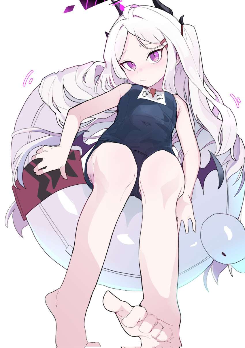 1girl bare_arms bare_legs bare_shoulders barefoot black_horns black_one-piece_swimsuit blue_archive blush closed_mouth demon_horns demon_wings halo highres hina_(blue_archive) hina_(swimsuit)_(blue_archive) horns innertube long_hair looking_at_viewer multiple_horns name_tag official_alternate_costume one-piece_swimsuit pearlgang_e purple_eyes school_swimsuit simple_background solo swim_ring swimsuit toes white_background white_hair wings