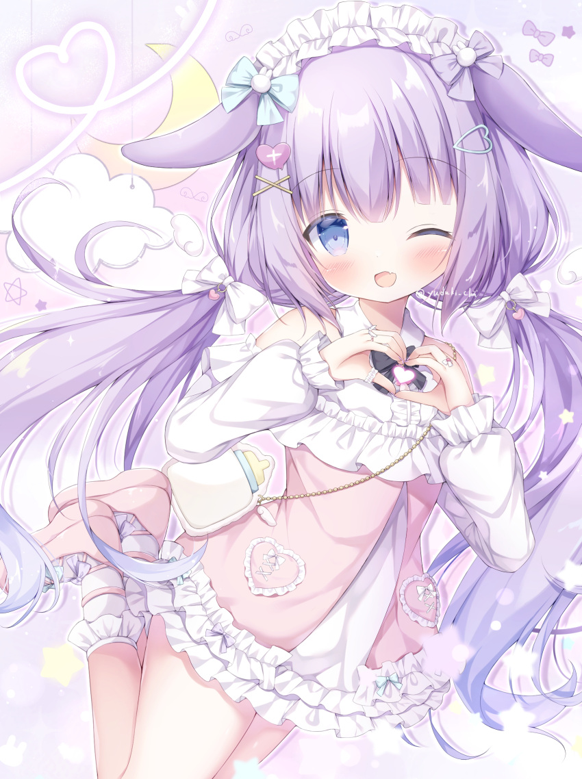 1girl ;d animal_ears blue_eyes bow commission fang full_body hair_bow highres legs_up low_twintails one_eye_closed petite purple_hair rabbit_ears skeb_commission skin_fang smile twintails virtual_youtuber yuduki_pdx yume_kawaii
