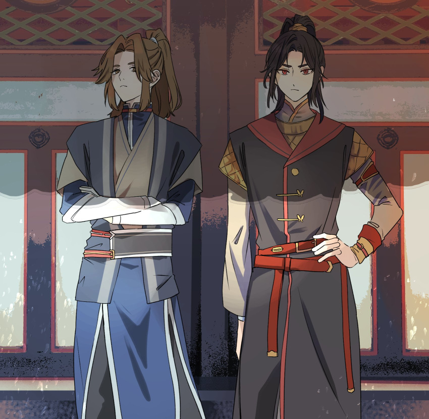 2boys architecture belt black_hair brown_eyes brown_hair chinese_clothes closed_mouth crossed_arms east_asian_architecture expressionless feet_out_of_frame feng_xin hand_on_own_hip high_ponytail highres long_sleeves looking_at_viewer mu_qing_(tianguan_cifu) multiple_boys red_belt red_eyes tianguan_cifu yuz46
