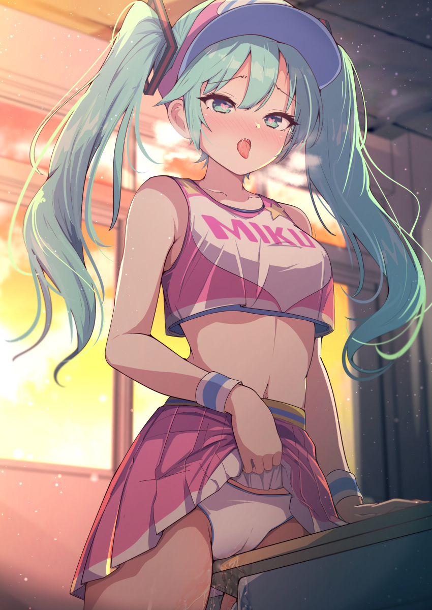 absurdres aqua_eyes aqua_hair blush cheerleader clothes_lift crop_top crotch_rub darumoon desk female_masturbation hatsune_miku heart heart-shaped_pupils highres indoors lifted_by_self long_hair masturbation midriff open_mouth orange_sky panties pink_shirt pink_skirt project_diva_(series) pussy_juice pussy_juice_drip_through_clothes school_desk shirt skirt skirt_lift sky sleeveless sleeveless_shirt symbol-shaped_pupils table_humping tongue tongue_out twintails two-tone_shirt underwear visor_cap vocaloid white_panties white_shirt