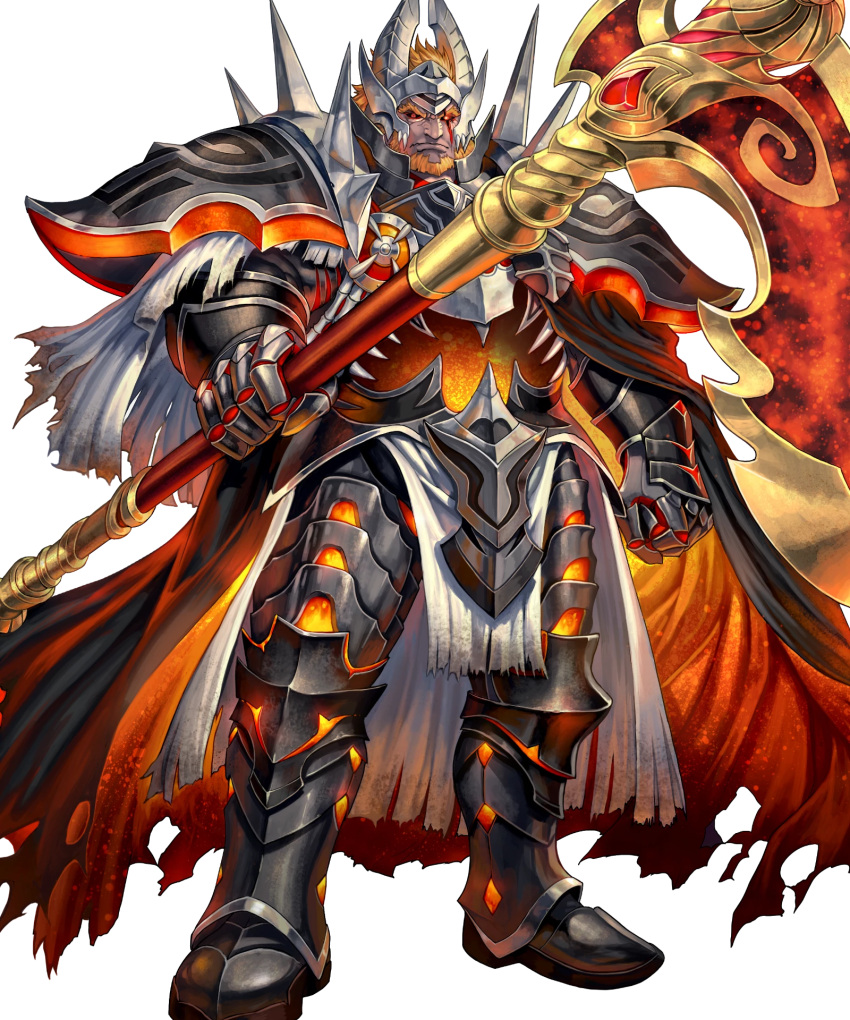 1boy armor beard black_cape cape colored_sclera dark-skinned_male dark_skin facial_hair fire_emblem fire_emblem_heroes highres holding holding_scythe looking_at_viewer non-web_source official_alternate_costume official_art orange_hair pelvic_curtain red_cape red_eyes scar scar_across_eye scythe shoulder_spikes solo spikes surtr_(fire_emblem) surtr_(resplindent)_(fire_emblem) tachi-e