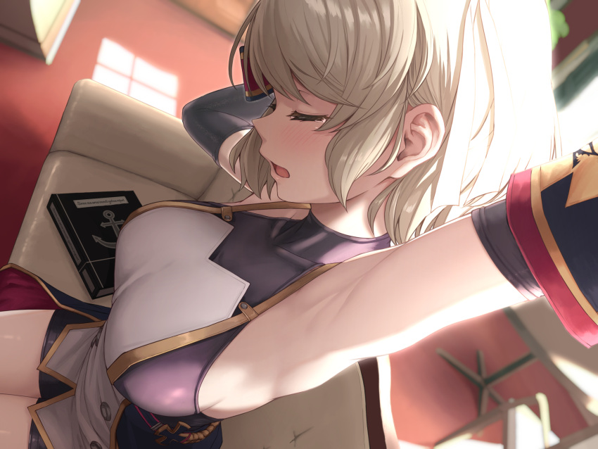 1girl aoi_tiduru arm_up armpit_focus armpits azur_lane bike_shorts blush book breasts closed_eyes commentary_request couch detached_sleeves dutch_angle ear_focus from_side highres indoors large_breasts on_couch open_mouth profile short_hair sidelighting sitting sleepy sleeveless solo turtleneck white_hair z23_(azur_lane)