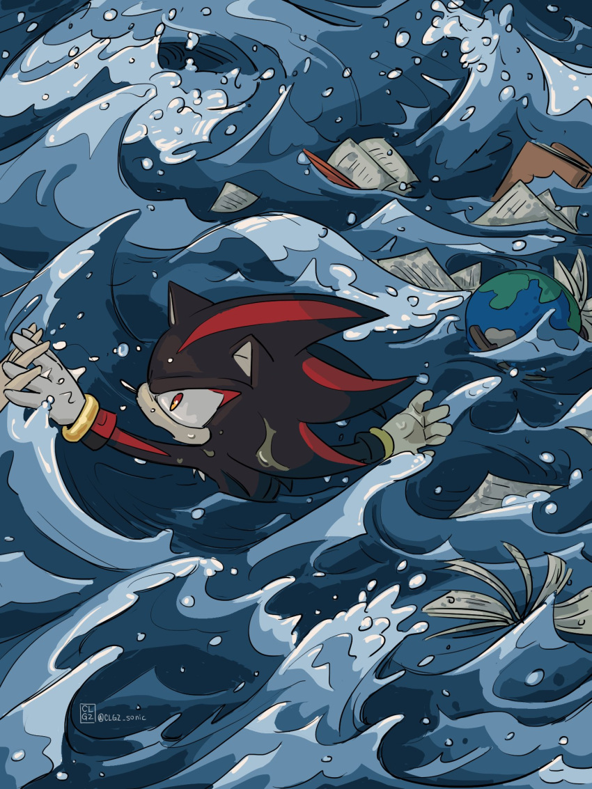 1boy animal_ears animal_nose book clgz_sonic commentary english_commentary furry furry_male globe gloves highres male_focus open_mouth paper reaching_towards_another red_eyes shadow_the_hedgehog sonic_(series) water waves white_gloves