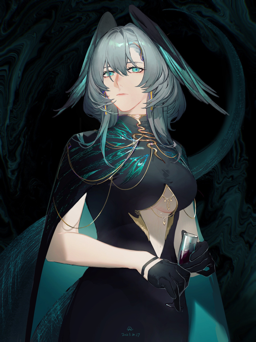 1girl aqua_cape aqua_eyes aqua_wings arknights bare_arms black_cape black_dress black_gloves black_tail black_wings breasts cape center_opening closed_mouth cowboy_shot cup dark_background dated dress drinking_glass drop_earrings earrings feathered_wings gloves gold_trim grey_hair hair_between_eyes hair_ornament head_wings highres ho'olheyak_(arknights) jewelry large_breasts looking_at_viewer qian8102 red_wine short_hair_with_long_locks sidelocks snake_girl snake_hair_ornament snake_tail solo tail two-tone_cape two-tone_wings underboob wine_glass wings