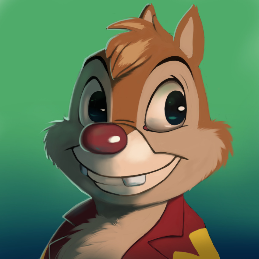 1:1 2023 absurd_res aloha_shirt aloha_shirt_only anthro bottomless buckteeth bust_portrait chip_'n_dale_rescue_rangers chipmunk clothed clothing dale_(disney) digital_media_(artwork) disney fur gradient_background green_background ground_squirrel head_tuft hi_res looking_aside lowfire3 male mammal open_clothing open_shirt open_topwear pattern_clothing pattern_shirt pattern_topwear portrait red_nose rodent sciurid shirt simple_background smile solo tan_body tan_fur teeth topwear tuft