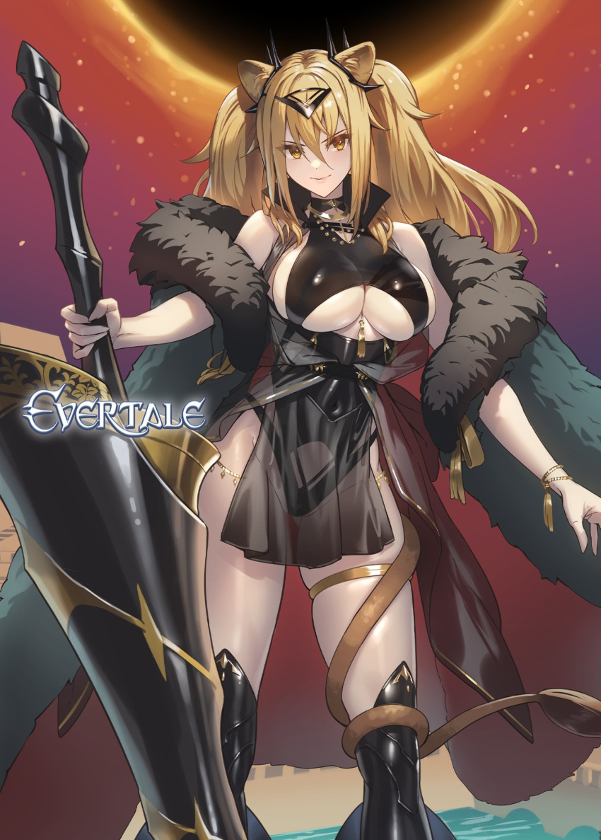 1girl animal_ears bare_shoulders black_leotard blonde_hair boots bracelet breasts cape closed_mouth coat commentary_request copyright_name cuboon evertale fur_trim gilgamesh_(evertale) highres holding jewelry large_breasts leotard lion_ears lion_tail lips logo long_hair looking_at_viewer off-shoulder_coat off_shoulder official_art pelvic_curtain see-through shiny_clothes shiny_skin smile tail tail_wrap thigh_boots thigh_strap thighs underboob weapon yellow_eyes