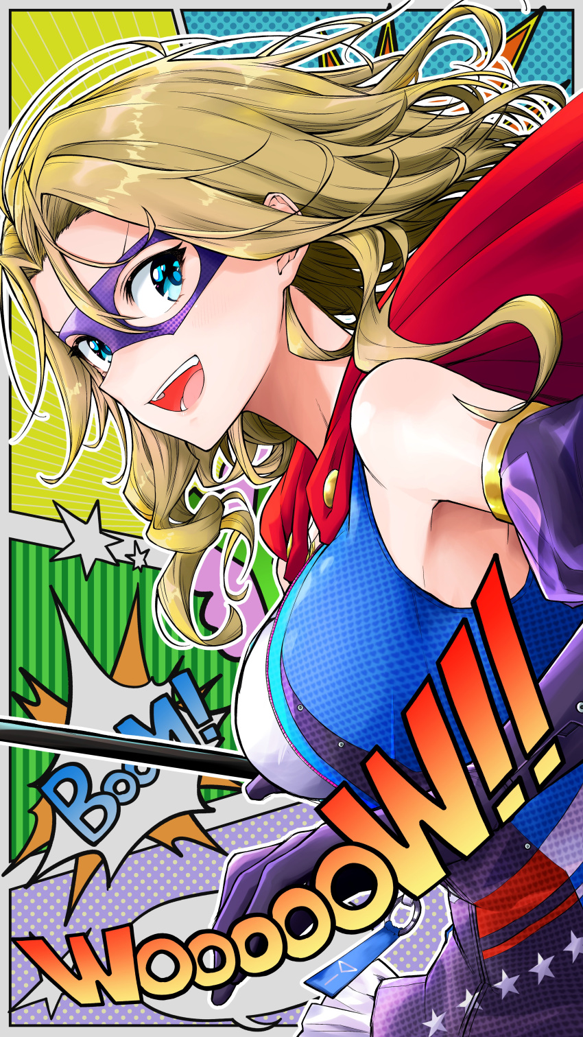 1girl absurdres blonde_hair blue_eyes breasts cape carole_reaper eye_mask heaven_burns_red highres holding holding_weapon large_breasts long_hair looking_at_viewer open_mouth rayrei1414 red_cape second-party_source solo superhero upper_body weapon western_comics_(style)