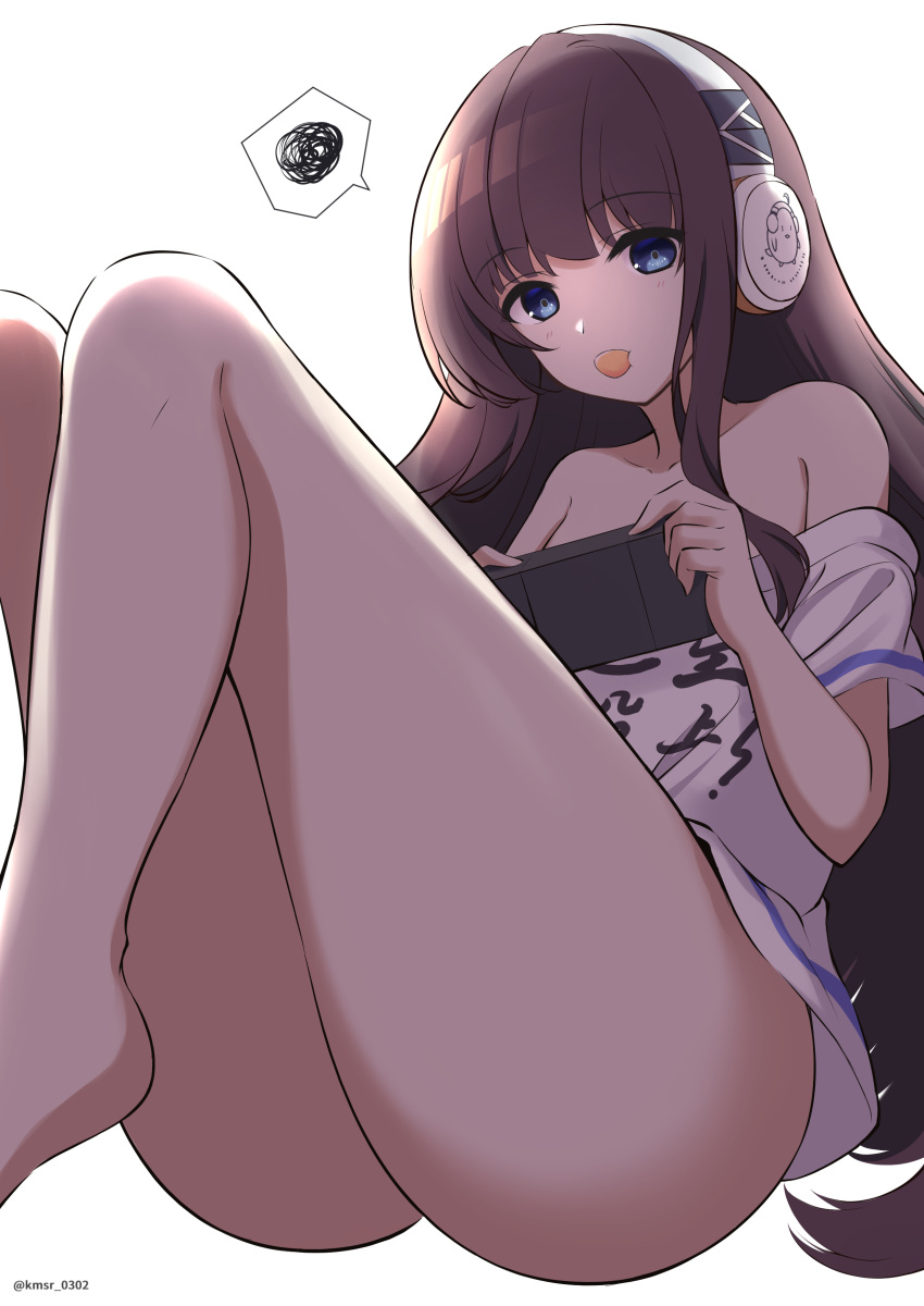1girl absurdres azur_lane bare_legs blue_eyes brown_hair collarbone commentary_request eating food food_in_mouth fruit handheld_game_console headphones highres holding holding_handheld_game_console kamishiro_(rsg10679) knees_up long_hair long_island_(azur_lane) looking_at_viewer mandarin_orange off-shoulder_shirt off_shoulder shirt simple_background sitting solo spoken_squiggle squiggle t-shirt thick_thighs thighs very_long_hair white_background white_shirt