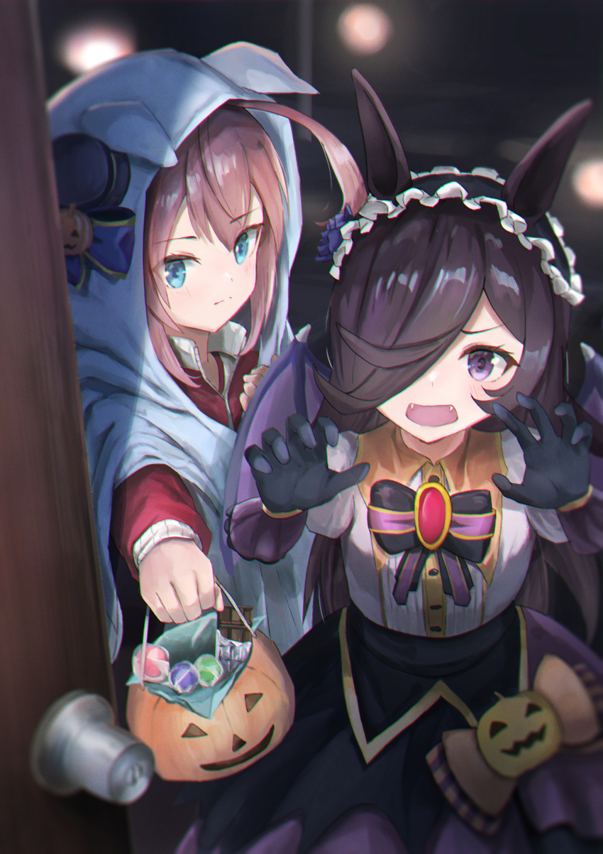 2girls absurdres animal_ears aoniyoshi basket bat_wings black_bow black_bowtie black_gloves black_hairband bow bowtie brown_hair candy chocolate claw_pose door fake_wings fangs food gloves hair_over_one_eye hairband halloween hat highres holding holding_basket hood horse_ears horse_girl jack-o'-lantern jack-o'-lantern_ornament long_hair looking_at_viewer mihono_bourbon_(ghosty_and_the_magic_of_halloween)_(umamusume) mihono_bourbon_(umamusume) mini_hat mini_top_hat multiple_girls official_alternate_costume puffy_short_sleeves puffy_sleeves purple_eyes rice_shower_(make_up_vampire!)_(umamusume) rice_shower_(umamusume) short_sleeves top_hat tracen_training_uniform umamusume wings